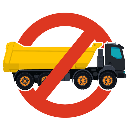 Prohibition of trucks entry symbol. Heavy vehicles strict ban sign. Caution of construction machinery, ground works. Construction work forbid. Vector yellow big truck icon. Isolated, white backgroundのイラスト素材