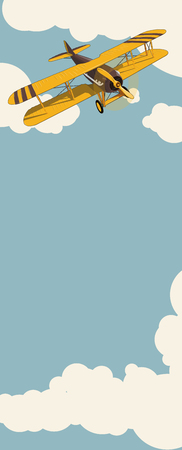 Graphic background. Yellow plane flying over the sky with clouds, vintage color stylization. Old retro biplane design, poster printing. Vector low poly airplane illustration. Vertical web banner layout.のイラスト素材
