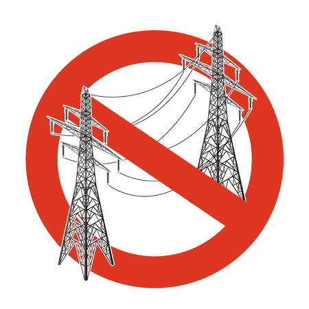 Prohibition of power lines. Strict ban on construction of electric pylons. Stop electricity caution. Vector high voltage pylon warning, white background, isometric. Voltage field forewarn, isolated.のイラスト素材