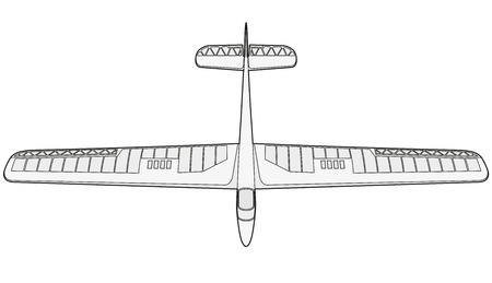 Model glider, ground plan. Beautiful subtle airplane. Balsa wood wings, model hobby. Outlined master vector wire illustrationのイラスト素材