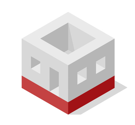 Vector cube shape evoking the rough construction of a family house. Minimalistic block like building from aerated concrete. Master isolated illustration, isometric construction industry icon symbol, white backgroundのイラスト素材
