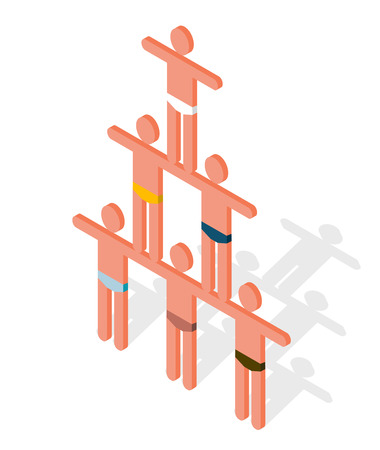 Pyramid composed of human bodies. Symbolism of friendship, cooperation, human belonging, togetherness and partnership. Artistic performance, team coworking. Vector icon, symbol illustrationのイラスト素材