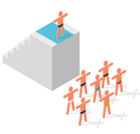 Symbolism of leadership, lecture speech to audience. Danger of suicide by jumping from height. Stylized human figures on the podium. Vector cube shape evoking ascending staircaseのイラスト素材