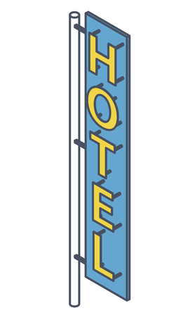 Outlined hotel signboard. Neon outdoor advertising on motel facade. Hotel sign in isometric perspective isolated on white background.のイラスト素材