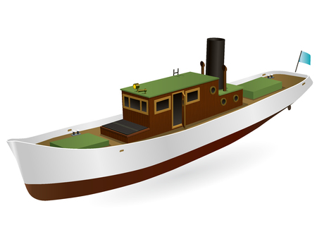 Small river steamer with large chimney. Nice motor boat. Sea steamship for fishing and leisure time, red steamboat. Old retro motorboat.のイラスト素材