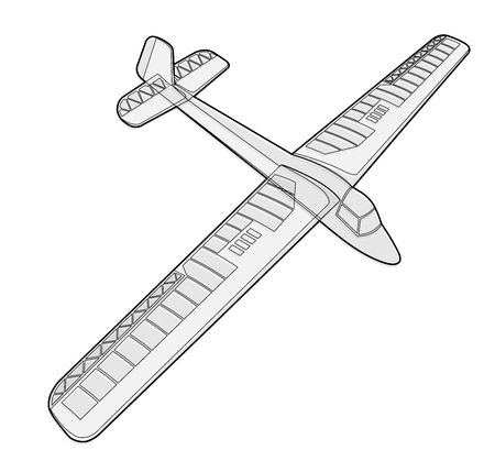 Model glider, ground plan. Beautiful subtle airplane. Balsa wood wings, model hobby. Outlined master   wire illustrationのイラスト素材