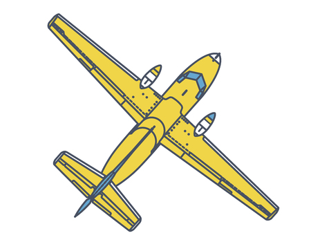 Airplane flying through in vintage color stylization. Outlined retro yellow airplane designed for poster printing.のイラスト素材