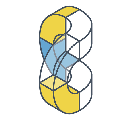 Abstract curved vector shape reminiscent of technological development, nanotechnology component. Outlined isometric brand of scientific institution, research center. Minimalistic block shapeのイラスト素材