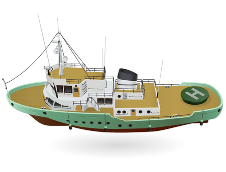Research vessel, marine exploration boat for scientists. Rescue vessel with sonar, new modern motorboat for discovering water. Vector illustration, isolated on white backgroundのイラスト素材