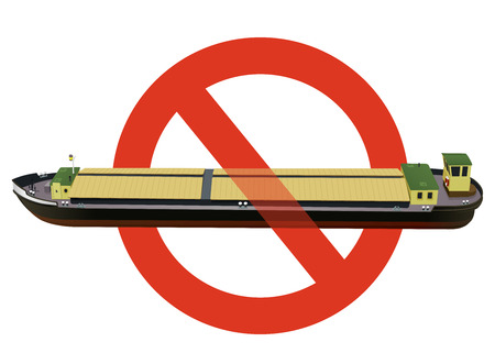 Prohibition of river transport ship. Strict ban on construction of a long motor boat. Stop shipping on water, icon symbol. Vector illustration, isolated on white backgroundのイラスト素材
