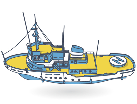 Research vessel, marine exploration boat for scientists. Outlined rescue vessel with sonar, blue yellow motorboat for discovering water. Vector illustration, isolated on white backgroundのイラスト素材