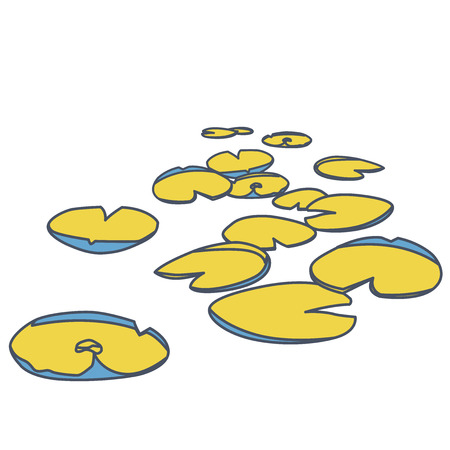 Outlined vector water lilies floating on water surface. Yellow low poly water lily. Water plants in different variant, isolated on white background. Isometric clumps growing on edge of pool and pondのイラスト素材