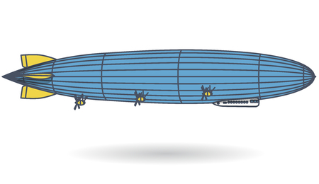 Outlined huge zeppelin airship filled with hydrogen. Blue yellow stylized flying balloon. Big dirigible, propellers and rudder. Long zeppelin, white background, airship. Isolated vector illustrationのイラスト素材