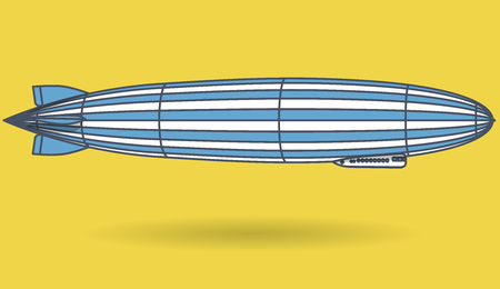 Outlined huge zeppelin airship filled with hydrogen. Blue yellow stylized flying balloon. Big dirigible, propellers and rudder. Long zeppelin, yellow background, airship. Isolated vector illustrationのイラスト素材