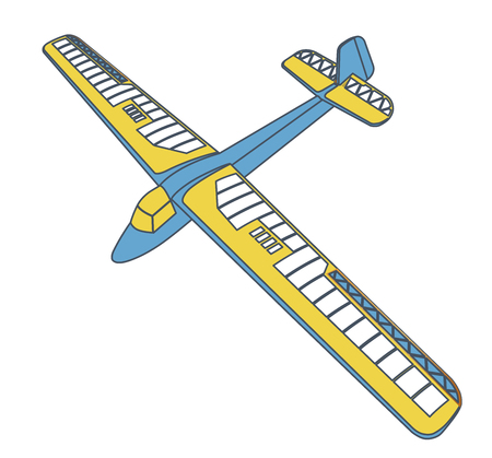 Outlined glider, beautiful subtle airplane model. Balsa wood wings, hobby model, ground plan. Master blue yellow vector illustrationのイラスト素材