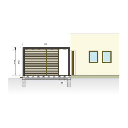 Plan of garden terrace at family house. Outdoor seating, vector construction drawing. Wooden pergola, light structure located in garden. Blueprint of external shading against sunlight and heatのイラスト素材