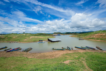 View of curve river and raft house in Kanjana Buri Thailandの写真素材