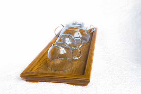 Cup on a wooden trayの写真素材