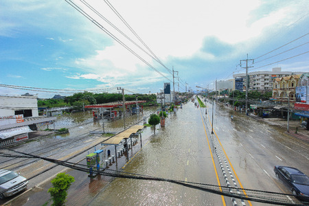 Lopburi, Thailand, October 6, 2011 major flood overflow and flood the streets around the city in the province.の写真素材