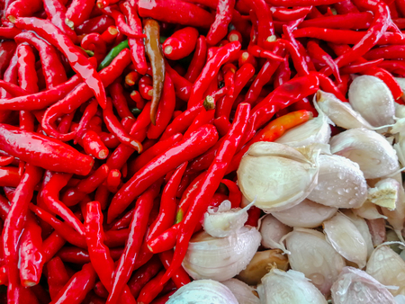 Bunch of small red chili peppers and garlic bulbsの写真素材