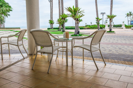 Pattaya, Thailand: August 1, 2015  table in a public restaurant with stunning sea views and bright.のeditorial素材