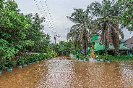 Lopburi, Thailand, in August, 26,2016: The heavy downpour caused a flash flood flooding into public houses.のeditorial素材