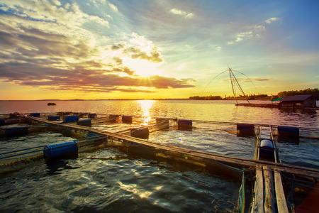 Fish farms in Khong river with clear blue skyの写真素材