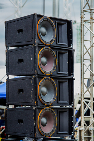 Stadium speakers rack over a blue sky. Live music background. Horizontalの写真素材