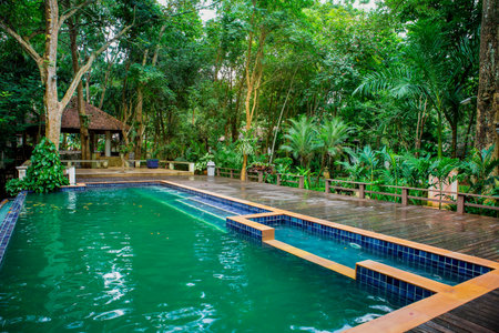 Khao Yai Nakhon Ratchasima, Thailand, 7, Nov, 2015,The outdoor swimming pool of the hotel is located in the Thai countrysideのeditorial素材