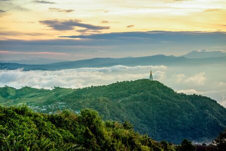 High view beautiful nature landscape of the mountain sky and forest in the morning on the hilltop...