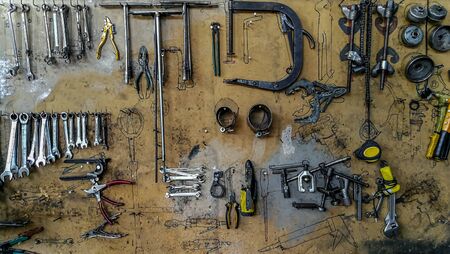 Wall in workshop with professional toolsの写真素材