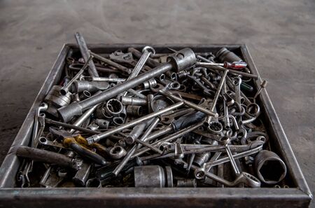 Tools for car service, car service room. Mechanic tools for maintenance car in garageの写真素材
