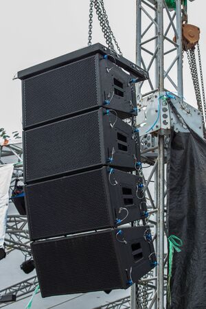 Stadium speakers rack over a blue sky. Live music background. Horizontalの写真素材