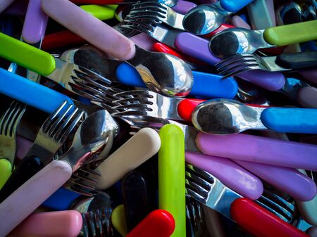 Various stainless steel eating utensilsの写真素材
