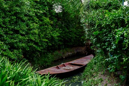 Wooden boat on the lake. Fishing boatの写真素材