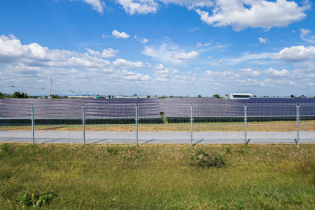 Solar energy farm producing clean renewable energy from the sun . Thousands of solar panels, Photovoltaic solar cells , huge solar farm. Fuel and power generation, energy factory industryの写真素材