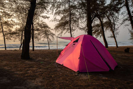 Traveling and camping concept - camp tent at night under a sky full of stars. Orange illuminated tent. Beautiful nature - field, forest, plain. Moon and moonlightの写真素材