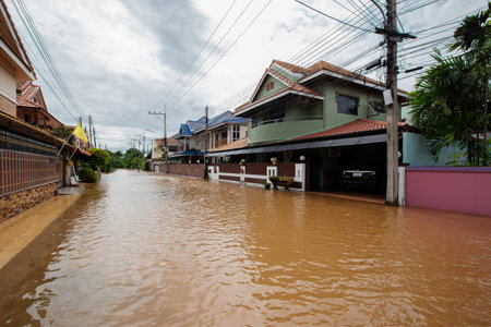 20,Sep,2021,Lopburi Thailand,Houses in Thailand flooded by wild water as a storm known as "Tianmu" swept through Thailand, causing heavy rainfall across the country.のeditorial素材