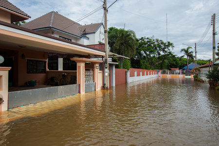20,Sep,2021,Lopburi Thailand,Houses in Thailand flooded by wild water as a storm known as "Tianmu" swept through Thailand, causing heavy rainfall across the country.のeditorial素材