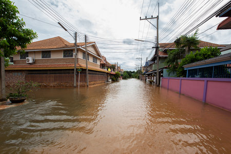 20,Sep,2021,Lopburi Thailand,Houses in Thailand flooded by wild water as a storm known as "Tianmu" swept through Thailand, causing heavy rainfall across the country.のeditorial素材