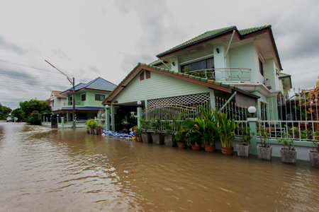 20,Sep,2021,Lopburi Thailand,Houses in Thailand flooded by wild water as a storm known as "Tianmu" swept through Thailand, causing heavy rainfall across the country.のeditorial素材