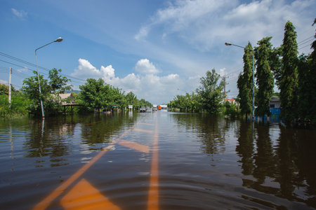 1,Oct,2021,Lopburi Thailand,Road flooding after a monsoon called Tien Mu swept through Thailand causing heavy rainfalのeditorial素材