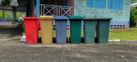 Garbage bin in public park. colorful trash bin. wheelie bin for rubbish, Public trash backgroundの写真素材