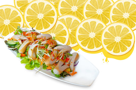 The Thai sausage salad spicy on plateの写真素材