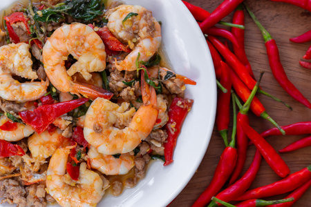 Stir-Fried Spicy Seafood, Stir-fried red curry with shrimp, mussels, scallops, squids, crabmeat, fish balls, bamboo shoots, green beans, basil leaves and eggplantの写真素材