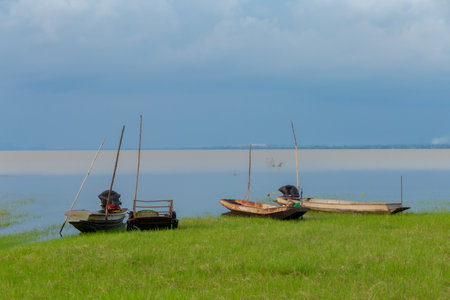 Small fishing boats in rural Thailandの写真素材