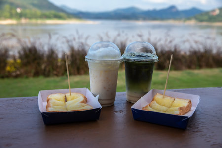 milk tea or thai tea , green tea and bread
