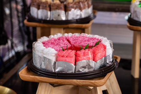 Strawberry cake on a tray in a coffee shopの写真素材