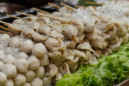 Meatball on street food in Bangkok marketThailandの写真素材