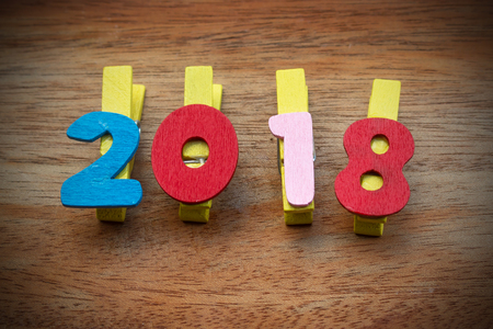 New year concept : Close up white wooden alphabet 2018の写真素材